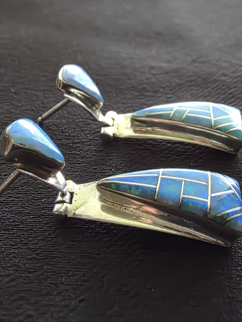 Navajo Marilyn Yazzie Sterling Silver Lab Opal Inlay Dangle Hinge Earrings Vtg - Picture 6 of 12